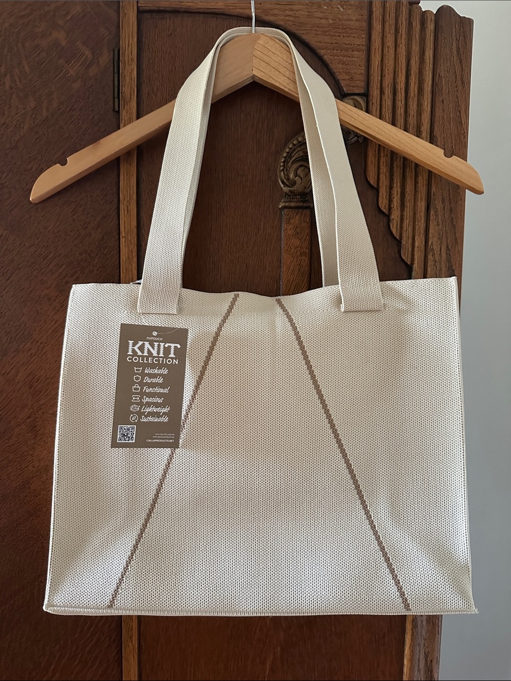 Medium Knit Collection Carry All Shoulder Bag Zipper Tote Handbag Cream